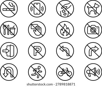 Collection of warning and prohibited signs, featuring universal symbols for various restrictions and cautionary actions. These icons are essential for conveying rules and safety guidelines in public and private spaces.
