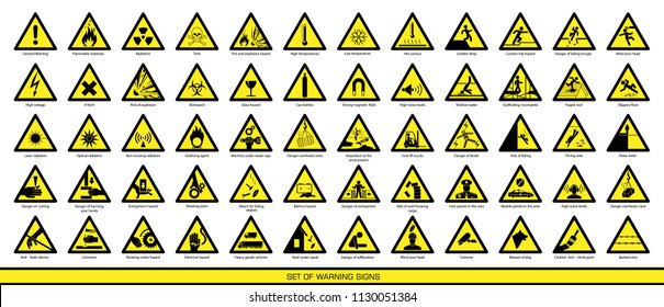 Collection of warning and safety signs. Set of safety and caution signs. Signs of danger and alerts.