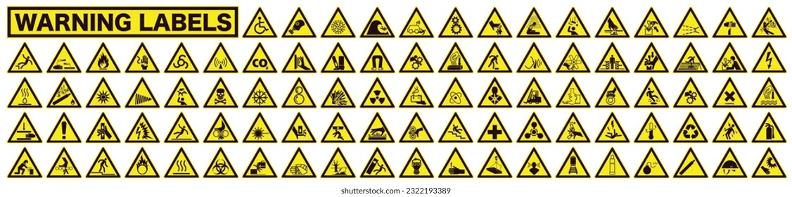 Collection of warning and safety signs. Set of safety and caution signs. Triangular yellow signs. EPS 10.