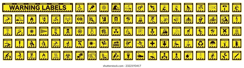 Collection of warning and safety signs. Set of safety and caution signs. Square yellow signs with the designation dangerous. EPS 10.