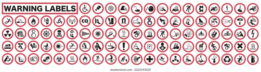 Collection of warning and safety signs. Set of safety and caution signs. Round white signs with a red border. EPS 10.