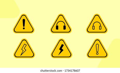 Sammlung von Warnhinweisen und Sicherheitszeichen . Dreieckig in Form und gelb. Warnung mit einem Headset und einer großen Spannung