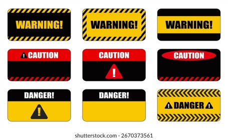 Coleção de Sinais de Aviso, Design Vetorial de Sinais de Perigo no Fundo Branco. Ilustrações de design