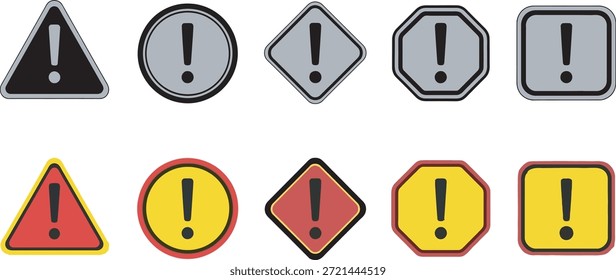 A collection of warning signs with exclamation marks in different shapes and colors