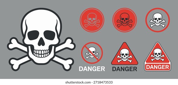 Una colección de señales de advertencia con símbolos de cráneo y huesos cruzados junto con alertas de peligro triangulares que transmiten toxicidad y conciencia de peligro de alta calidad