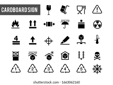 collection of warning signs on cardboard boxes or packaging of goods such as fragile cargo, maximum piles, avoidance of water, and others. Box warning sign icon set. Perfect for delivery and shipping.