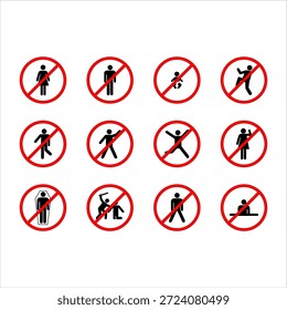 Collection of warning signs with red prohibition symbols and black silhouettes depicting various restricted activities on a white background.