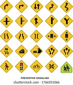 Collection of warning signs for roads