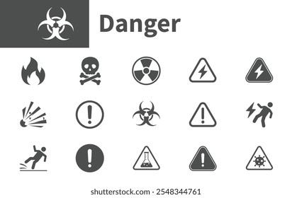 Colección de símbolos de advertencia de peligro mortal, riesgo biológico, radiación, química, inflamable, descarga eléctrica, resbaladizo. Icono de peligro.