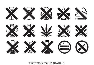 Collection of warning symbols depicting restricted items like wine glasses drugs cannabis and smoke prohibition.