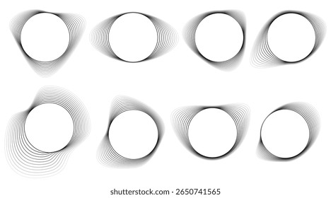 Collection of warped circular line art elements. Minimalist abstract contour shapes for posters, logos, and digital interfaces. Abstract black shapes suitable for tech, branding, and design concepts.