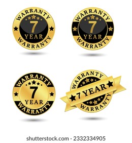 Collection of warranty 7 year label badge gold and black style, Set of warranty isolated on white background, Vector illustration. 