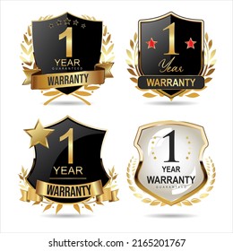 Collection of warranty guaranteed gold and black  labels on white background