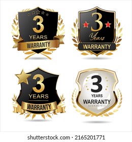 Collection of warranty guaranteed gold and black  labels on white background