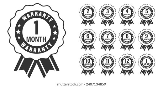 Collection of warranty number 1 to 12 months, black and white style, Set of warranty logo design isolated on white background, Vector illustration.