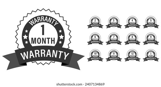 Collection of warranty number 1 to 12 months, black and white style, Set of warranty logo design isolated on white background, Vector illustration.