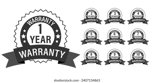 Collection of warranty number 1, 2, 3, 4, 5,6 7, 8, 9, 10 year label badge  black and white style, Set of warranty isolated on white background, Vector  illustration.