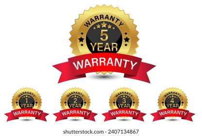 Collection of warranty number 1, 2, 3, 4, 5 year label badge gold, black and red ribbon style, Set of warranty logo design isolated on white background, Vector golden warranty and illustration.