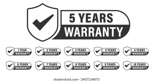 Sammlung der Garantienummern 1, 2, 3, 4, 5,6 7, 8, 9, 10 Jahre Etikettenschild schwarz-weißer Stil, Set von Garantien einzeln auf weißem Hintergrund, Vektorgrafik.