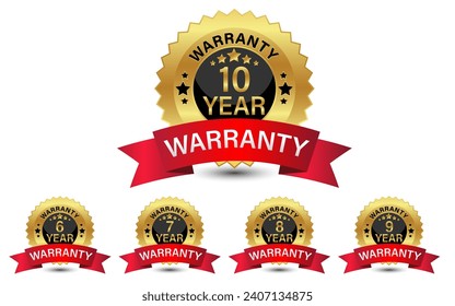 Collection of warranty number 6, 7, 8, 9, 10 year label badge gold, black and red ribbon style, Set of warranty logo design isolated on white background, Vector golden warranty and illustration.