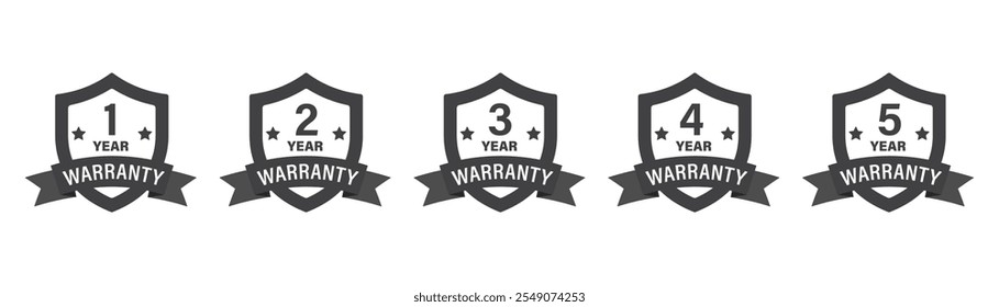 Collection of warranty numbers 1 to 5 years. Black shield symbol with label, Set of warranty logo design for advertising and banner, Vector illustration.