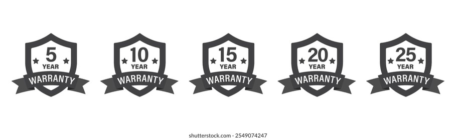 Collection of warranty numbers 5, 10, 15, 20 and 25 years. Black shield symbol with label, Set of warranty logo design for advertising and banner, Vector illustration.