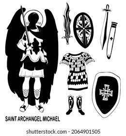 Collection of warrior - armor, sword and chain mail. And heavenly warrior Archangel Michael. Vector illustration. Outline hand drawing. Religious concept of Catholic and Orthodox holidays