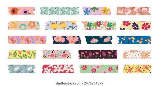 Colección de flores Washi en grabados. Coloridas rayas de scrapbook, etiquetas pegajosas y tiras decorativas de cinta. Vector.