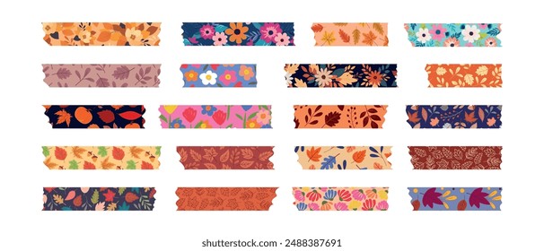 Collection of Washi tapes with autumn leaves and flowers. Colorful album stripes, sticky labels in floral style. Vector.