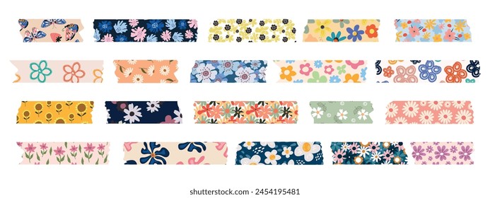 Collection of Washi tapes. Colorful scrapbook strips, sticky labels with flowers. Vector.