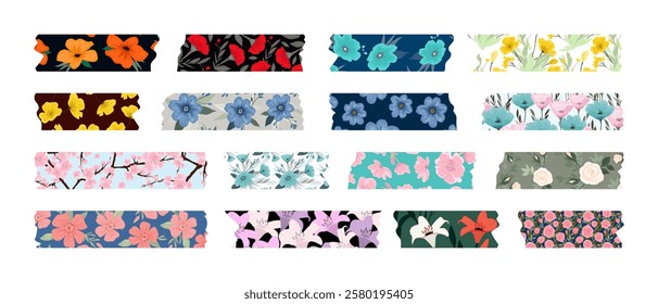 Collection of washi tapes. Colorful strips with flowers for scrapbooking, sticky labels and decorative tape. Border elements, paper stickers. Vector.