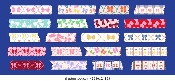 Collection of washi tapes with cute bows. Colorful strips for scrapbooking, self-adhesive labels with bows. Vector.