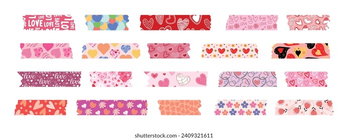 Collection of Washi tapes for Valentine's Day. Colorful scrapbook strips, sticky labels with hearts and flowers. Vector.