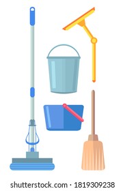 Collection of washing or cleaning tools. Professional equipment for clean house, office, hotel. Mop, plastic buckets, wiper, broom. Housekeeping, housework concept. Wash household instruments