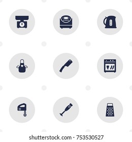 Collection Of Washing Machine, Cooking, Slicer And Other Elements.  Set Of 9 Kitchen Icons Set. 