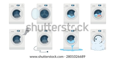 Collection of washing machine problem icons showing common laundry appliance malfunctions including open door, water level issues, overloaded drum, smoke, unplugged power cord, leaking water and excessive foam. Flat vector illustrations isolated on white background for repair, maintenance and household service concepts