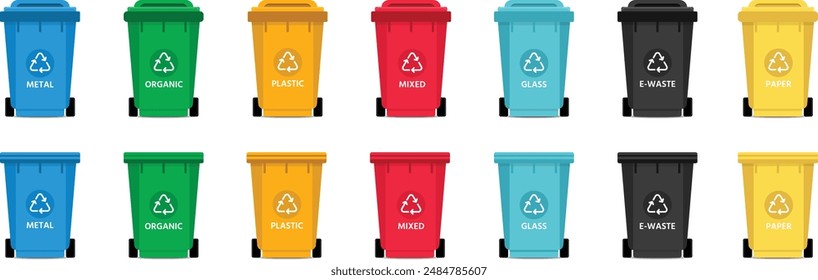 Collection of waste bins full of different types of garbage, recycling and separate waste collection concept. Waste collection, waste containers, street trash bins Flat illustrations. trash buckets