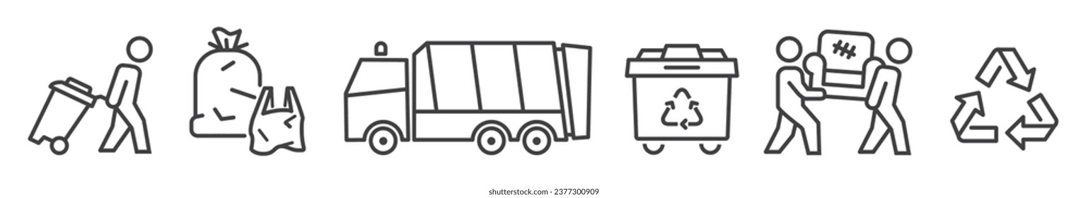 Collection of waste disposal and solid waste management - garbage, bulky waste, Garbage truck, recycling and more - vector editable thin line icons on white background svg