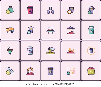 Collection of waste management and recycling process line icons with unique style