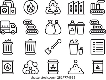 Collection of waste management and recycling process icons isolated on transparent background