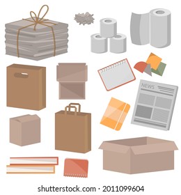 Collection of waste paper on a white background. Newspapers, boxes, notebooks, books and other rubbish. Recycled paper products. Recyclable paper trash vector illustration