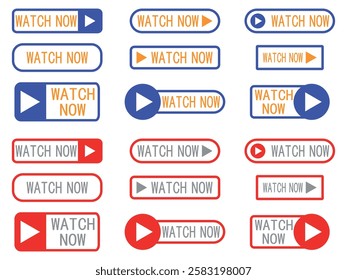 Collection of Watch now buttons. Set of modern buttons for website. Watch now buttons in flat style. Vector illustration isolatd on white background.