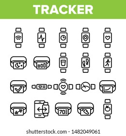 Collection Watch Tracker Elements Icons Set Vector Thin Line. Different Activity Fitness Tracker Electronic Device For Sportsman Linear Pictograms. Monochrome Contour Illustrations