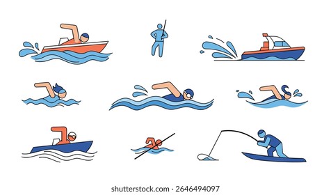 A collection of water activities vector design illustration featuring swimming boating and fishing
