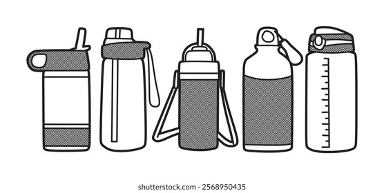 collection of water bottle images, black and white line art, vector