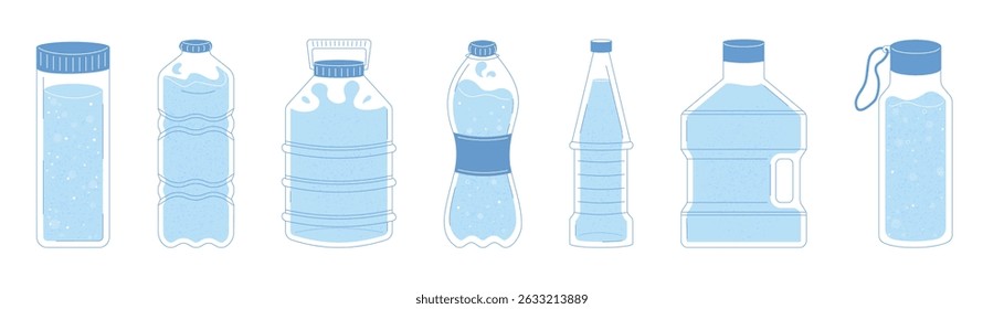 Collection of water bottles in different shapes and styles. Plastic bottle set for various uses. Set of plastic bottle icons in blue color. Flat outline style with textures