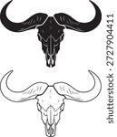 Collection of water buffalo skull graphics showing heavy horns and robust facial structure in both filled silhouette and kontur drawing styles perfect for african park logos hunting icons and rugged outdoor gear branding displaying power and natural strength