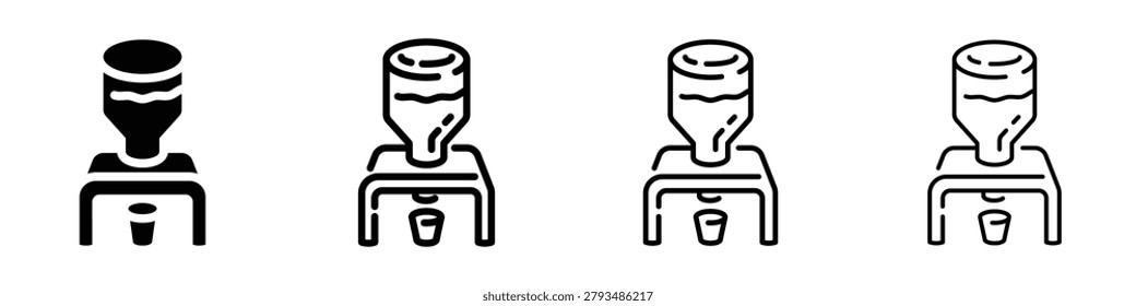 Collection of water cooler icons in solid and outline styles, representing hydration and office appliances