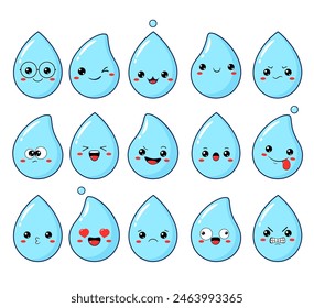 Collection of water drop emoticon with different mood. Set of cute cartoon droplet with emoji faces in different expressions - happy, sad, cry, fear, crazy. Vector illustration EPS8