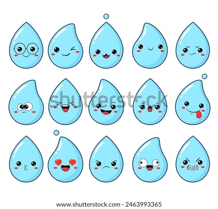 Collection of water drop emoticon with different mood. Set of cute cartoon droplet with emoji faces in different expressions - happy, sad, cry, fear, crazy. Vector illustration EPS8